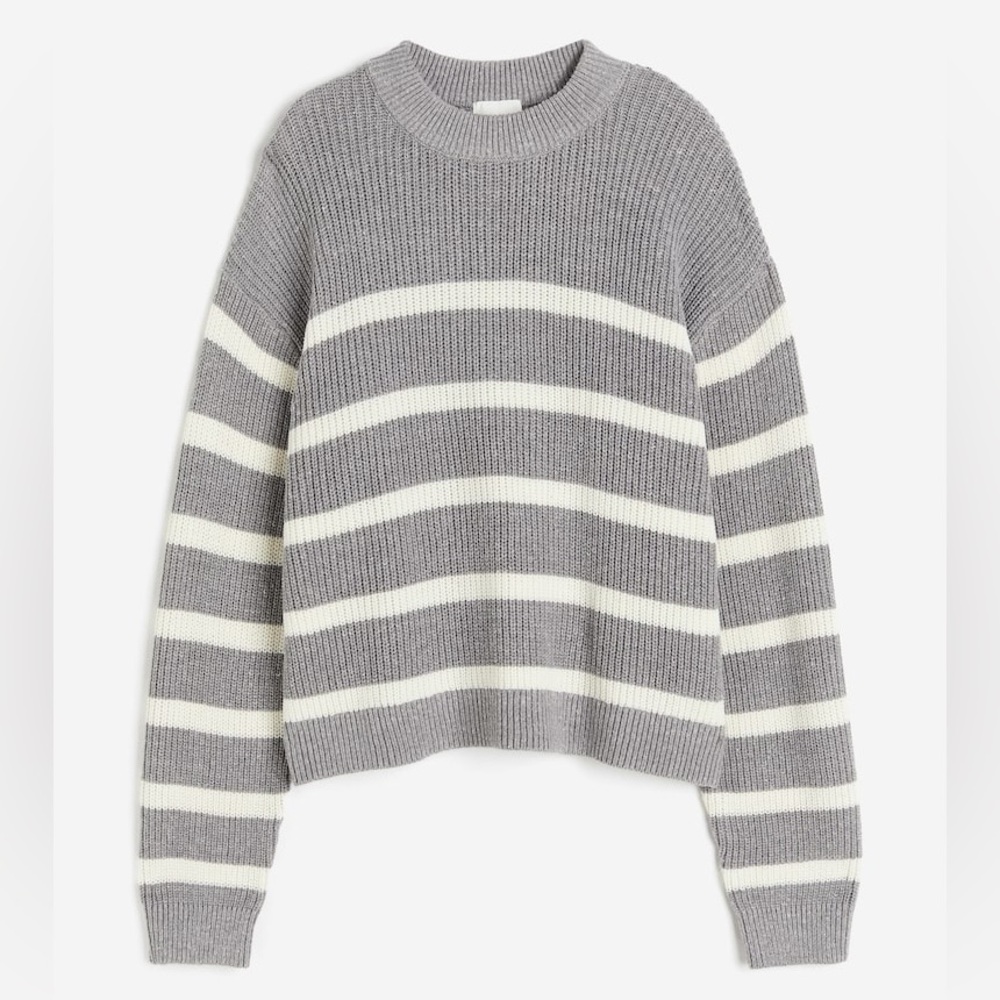 H&M Gray & White Striped RIB-KNIT SWEATER
